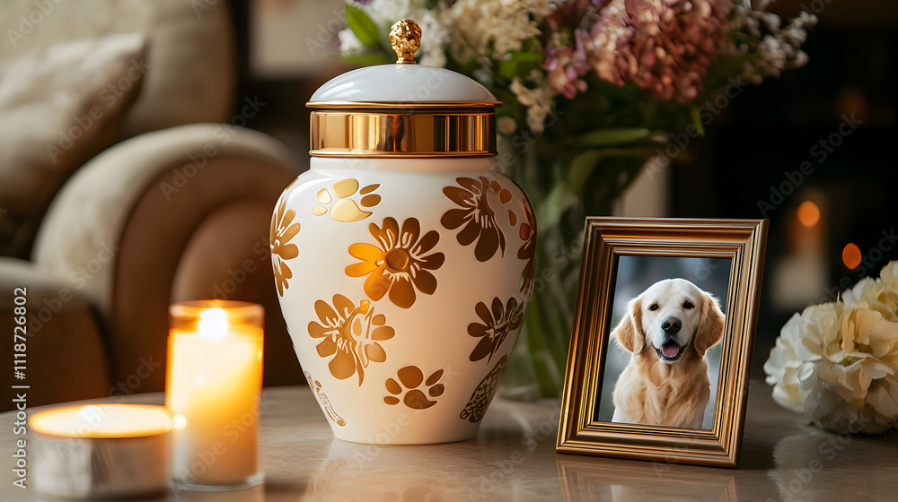 White and Gold DogCremation Urn with Floral Patterns and Memorial Display, Surrounded by Soft Candlelight White and Gold DogCremation Urn with Floral Patterns and Memorial Display, Surrounded by Soft Candlelight