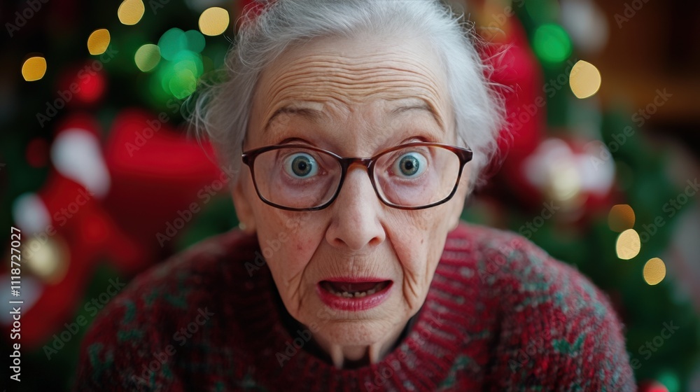 Surprised Elderly Woman at Christmas