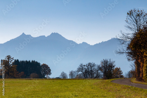 Autumn landscape in southern Bavaria, green meadows in the foreground, mountains and blue sky in the background.