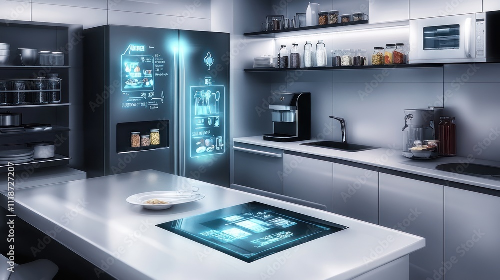 Modern smart kitchen with futuristic appliances and holographic displays. Modern smart kitchen with futuristic appliances and holographic displays.
