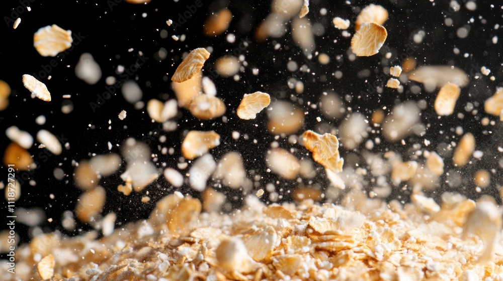 Close-up of oats being scattered, showcasing texture and motion. Close-up of oats being scattered, showcasing texture and motion.