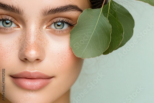 Model with striking green eyes and smooth skin poses with green leaves in soft light photo