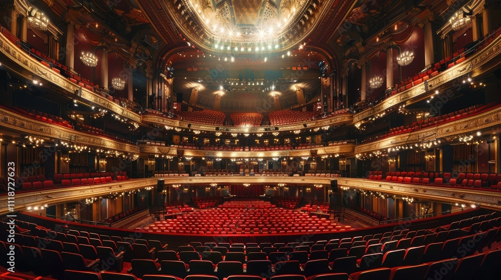 Obraz premium Grand theater interior with red seats and ornate architecture.