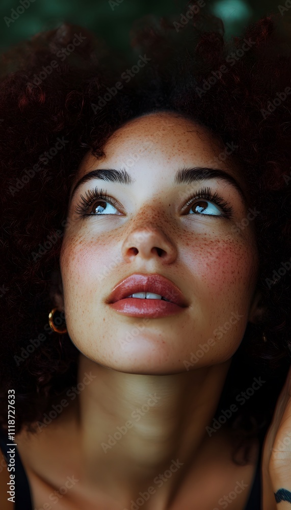 A woman with curly hair looking up at the camera A woman with curly hair looking up at the camera