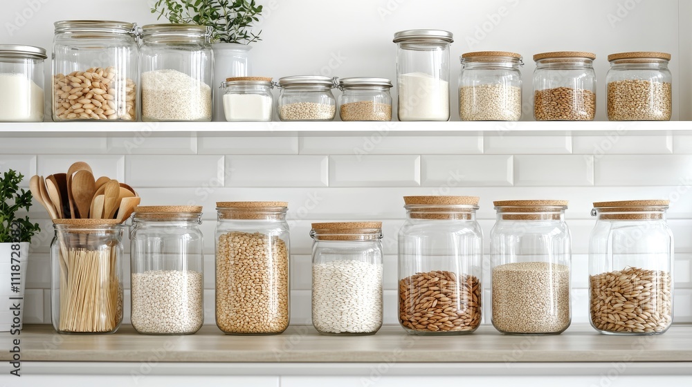 Glass jars with wooden lids hold various grains on a wooden board, showcasing an organized kitchen decor in natural light Glass jars with wooden lids hold various grains on a wooden board, showcasing an organized kitchen decor in natural light