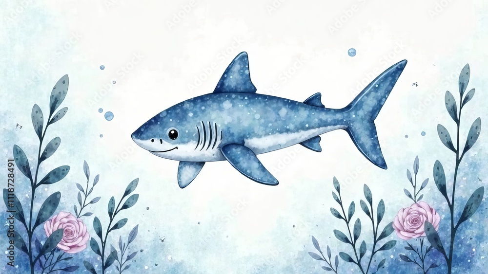 Fototapeta premium Watercolor baby shark with coral and seaweed in soft tones