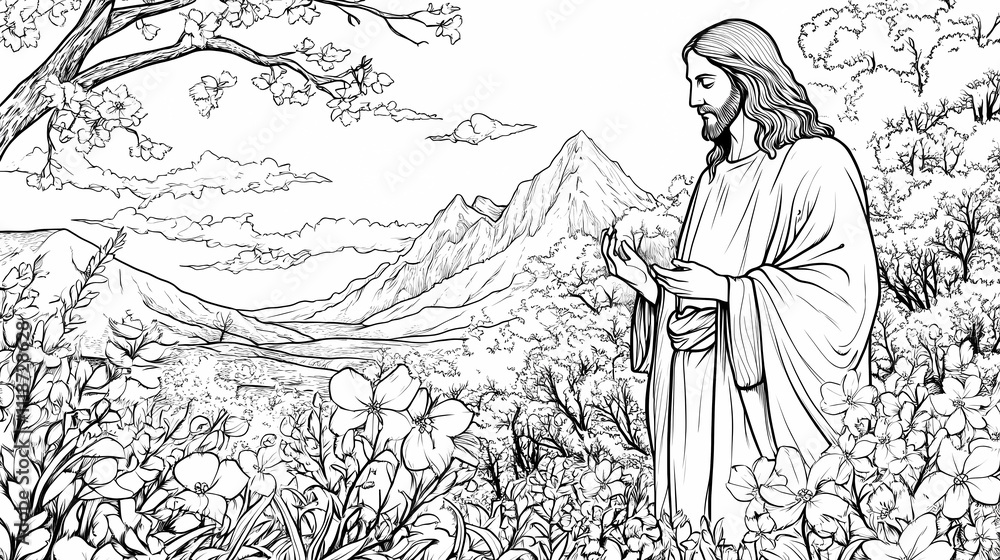 Obraz premium Mystical Jesus Statue Illustration Capturing Serenity and Spiritual Divine Light