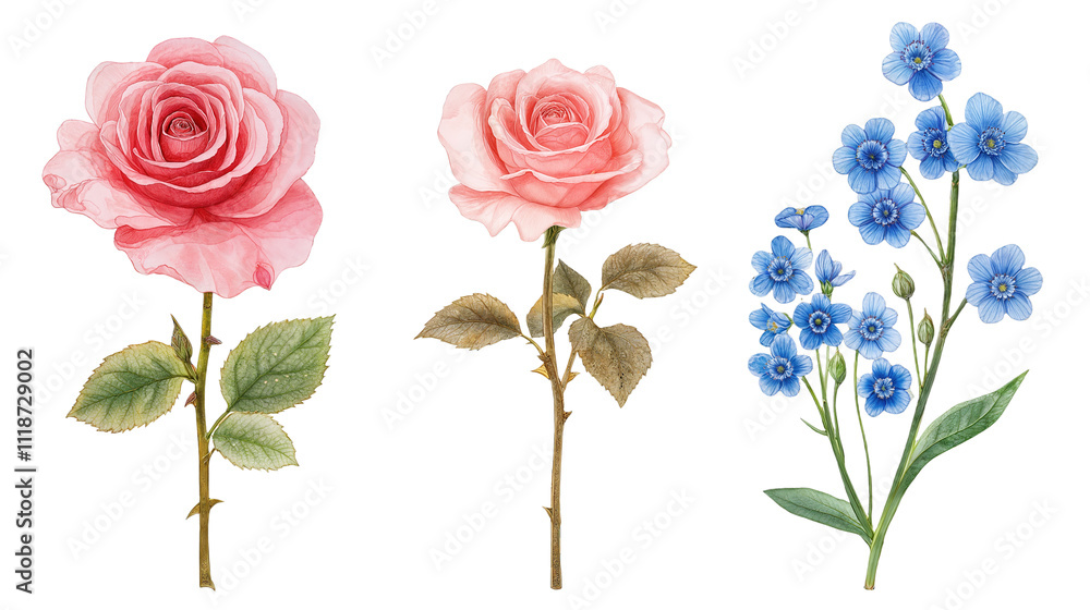 Fototapeta premium Delicate Watercolor Illustrations of Pink Roses and Blue Flowers Featuring Intricate Details and Soft Colors, Perfect for Floral-Themed Designs and Decorations