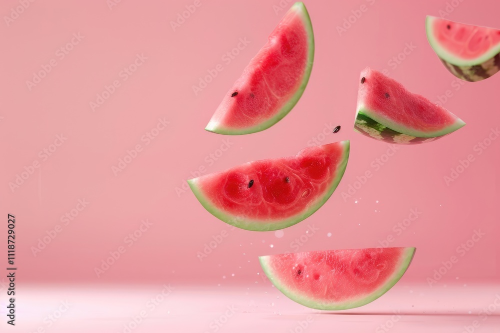 Watermelon falling in air on pink background levitation concept. Watermelon falling in air on pink background levitation concept.
