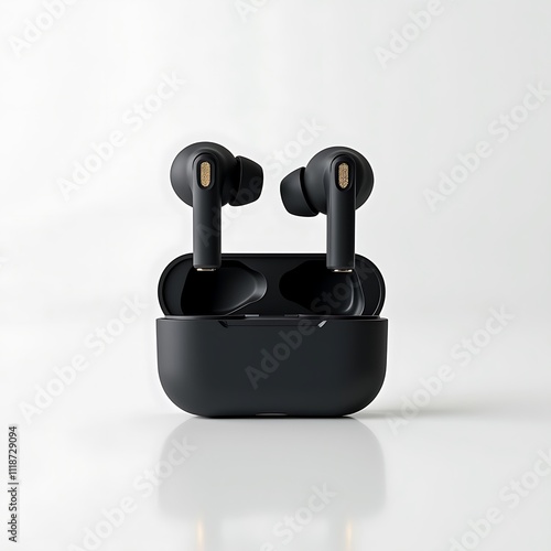 Shot of black wireless earbuds against white background photo