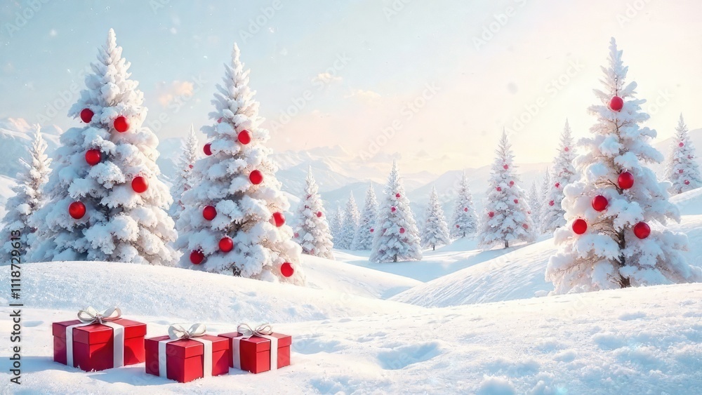 White snowy forest with white Christmas trees decorated with red balloons, red gift boxes in the foreground White snowy forest with white Christmas trees decorated with red balloons, red gift boxes in the foreground