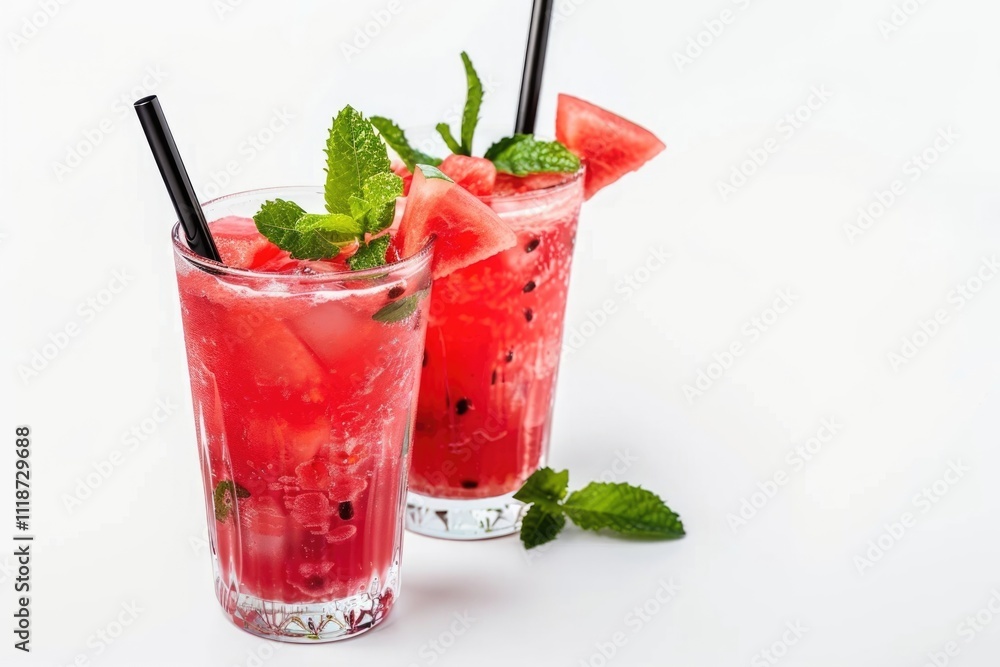 Glassware of fresh watermelon cocktail on white background Glassware of fresh watermelon cocktail on white background