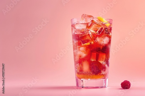 Refreshing red fruit ice tea on pink background.