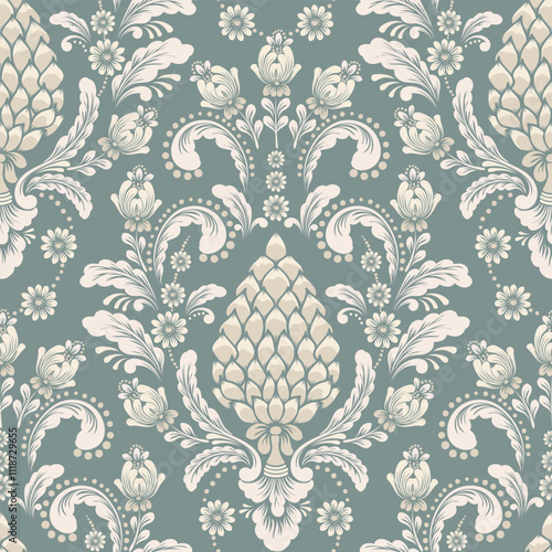 Damask seamless pattern background. Vector classical luxury old fashioned damask ornament, royal Victorian seamless texture. Vintage exquisite floral baroque template.
