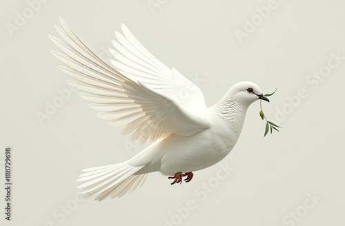 Dove with olive branch on a white background symbolizes peace and freedom.