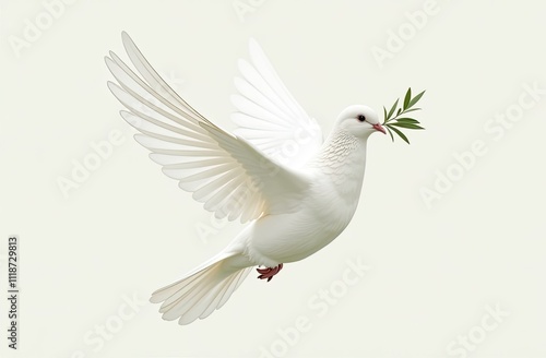 Dove with olive branch on a white background symbolizes peace and freedom.