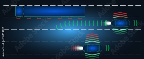Understanding the right turn of a vehicle near a large truck at nighttime in an urban setting.