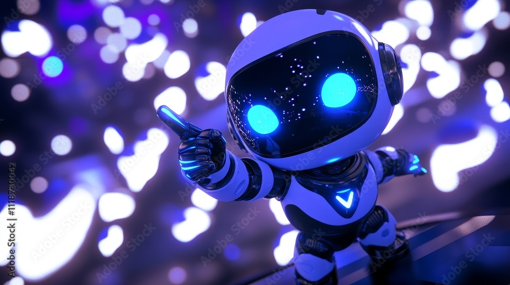 Fototapeta premium A cute, endearing robot pointing at space, captured in an Stock image.