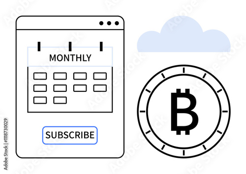 Calendar interface displaying a monthly subscription model beside a Bitcoin symbol and cloud icon. Ideal for financial services, cryptocurrency, fintech, digital services, subscriptions, blockchain