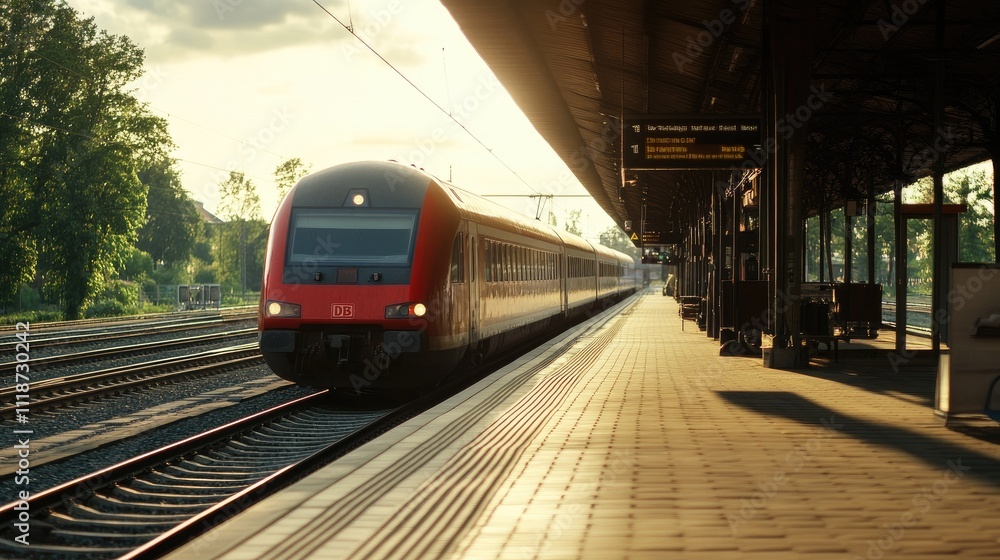 Naklejka premium Modern red train arriving at a platform during sunset.