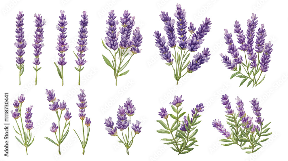 Fototapeta premium Beautiful Lavender Flowers in Various Arrangements Showcasing Their Vibrant Purple Color and Delicate Green Leaves Found in Gardens During Late Spring
