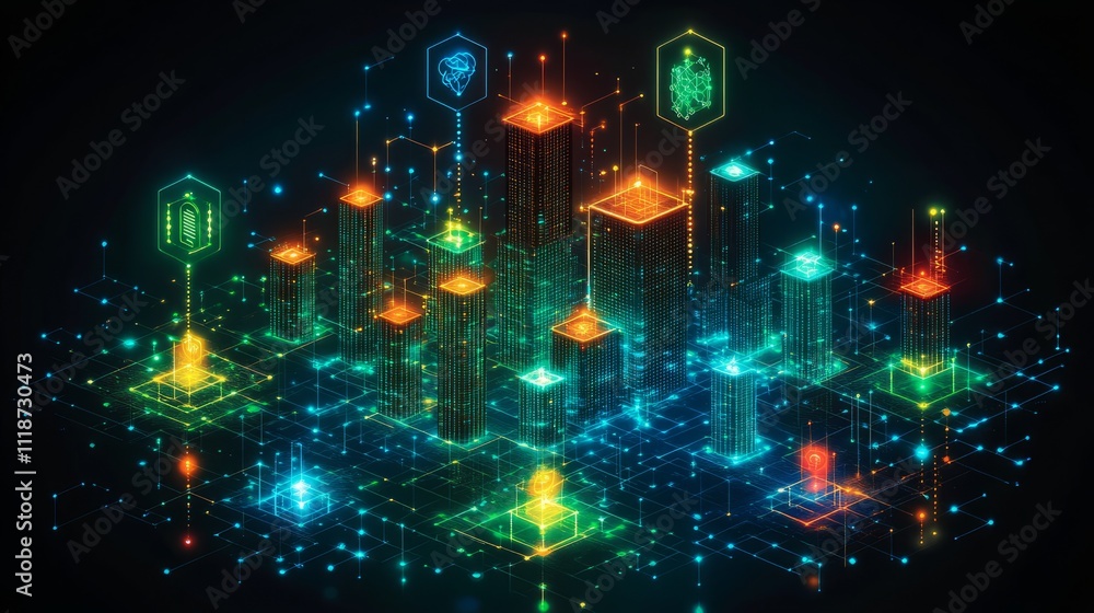 Fototapeta premium Glowing towers and data nodes light up a vibrant, connected futuristic cityscape