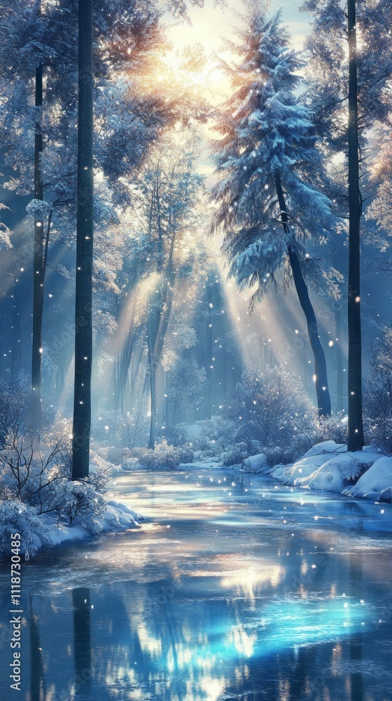 Naklejka premium Sunlight breaks through the tall, frosted trees, casting a soft glow over a tranquil stream. Snowflakes dance in the air, completing this enchanting winter morning tableau
