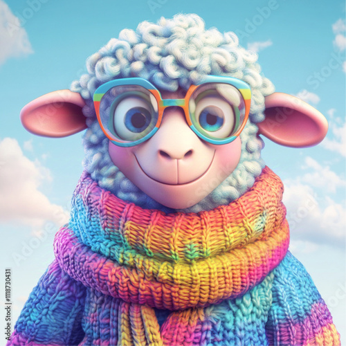 3d colorful sheep character in winter clothes, banner, web, design photo