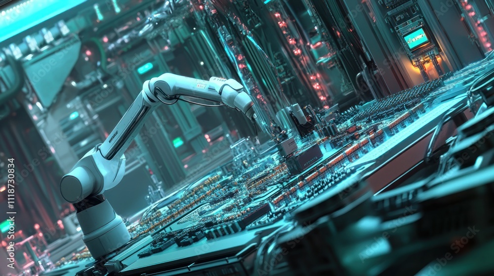 Robotic arm assembling circuit board in futuristic factory. Robotic arm assembling circuit board in futuristic factory.