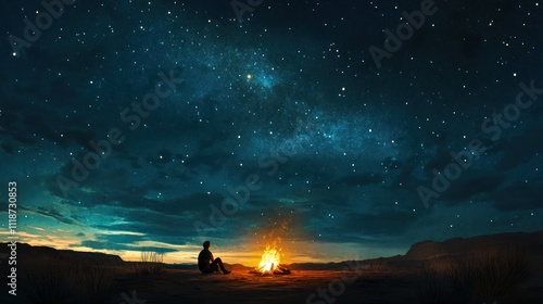 Person sits by campfire under a starry night sky.
