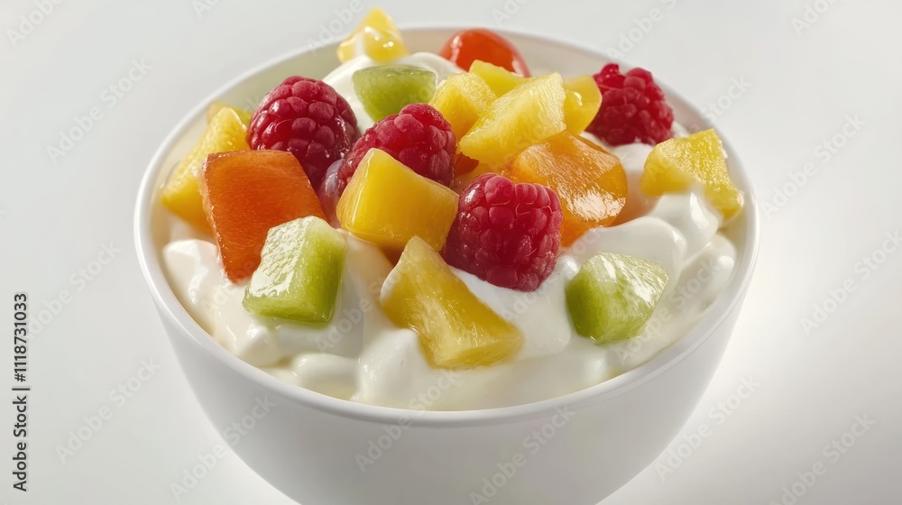 A bowl of yogurt topped with colorful fresh fruits, ideal for a healthy snack or breakfast. A bowl of yogurt topped with colorful fresh fruits, ideal for a healthy snack or breakfast.