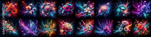 Flowers blending neon and plasma. AI generated illustration