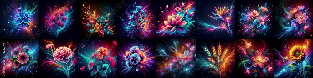 Flowers blending neon and plasma. AI generated illustration Flowers blending neon and plasma. AI generated illustration