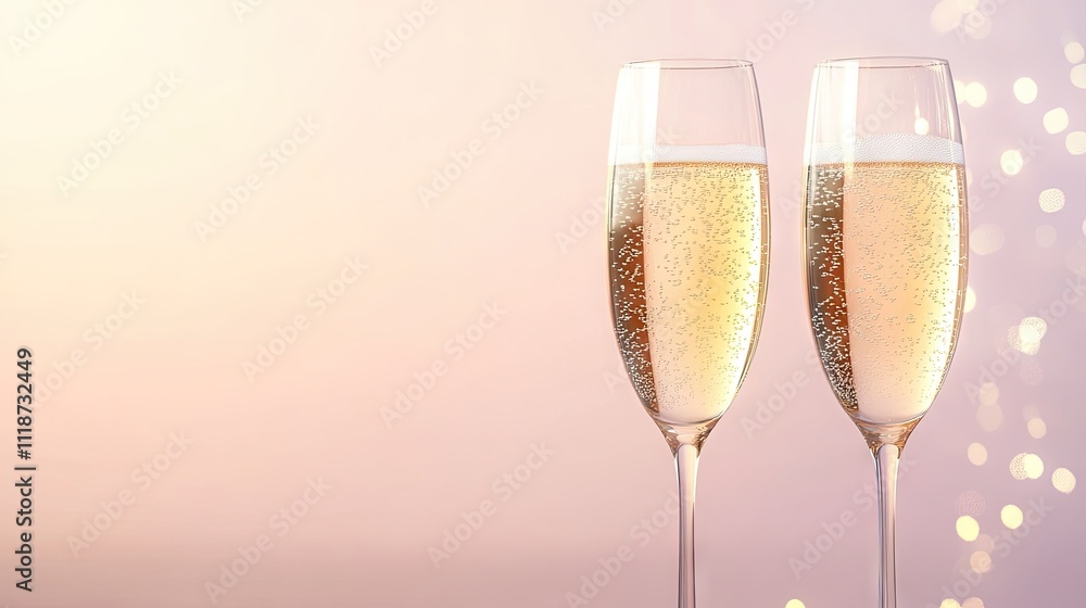 Two flutes of sparkling champagne on a soft, elegant background with bokeh lights. Two flutes of sparkling champagne on a soft, elegant background with bokeh lights.