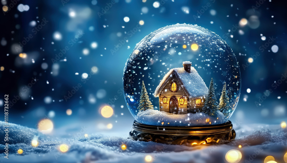Fototapeta premium A stunning Christmas snow globe enveloped in a magical blue abstract scene, creating a whimsical snowfall that inspires