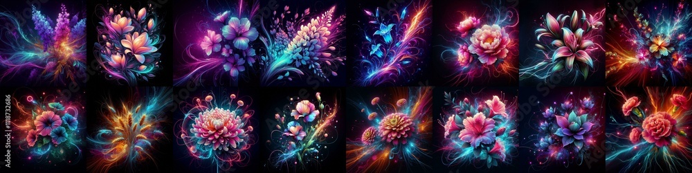 Flowers blending neon and plasma. AI generated illustration Flowers blending neon and plasma. AI generated illustration