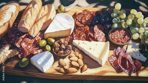Wallpaper Mural Gourmet French charcuterie board featuring an assortment of fine cheeses, cured meats, fresh baguette slices, olives, nuts, and grapes beautifully arranged on a rustic wooden platter Torontodigital.ca