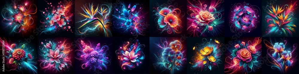 Flowers blending neon and plasma. AI generated illustration Flowers blending neon and plasma. AI generated illustration