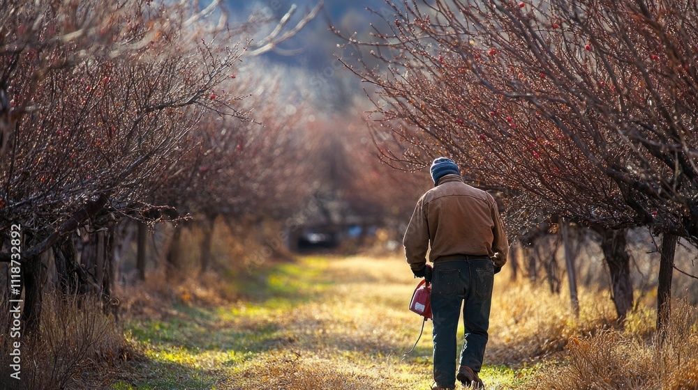 Farmer walking through orchard in winter. Farmer walking through orchard in winter.