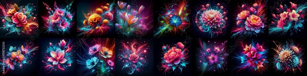 Flowers blending neon and plasma. AI generated illustration Flowers blending neon and plasma. AI generated illustration