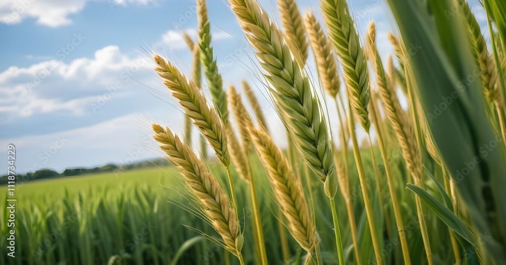 Lush green wheat stalks growing on stalks with green leaves in a field Lush green wheat stalks growing on stalks with green leaves in a field