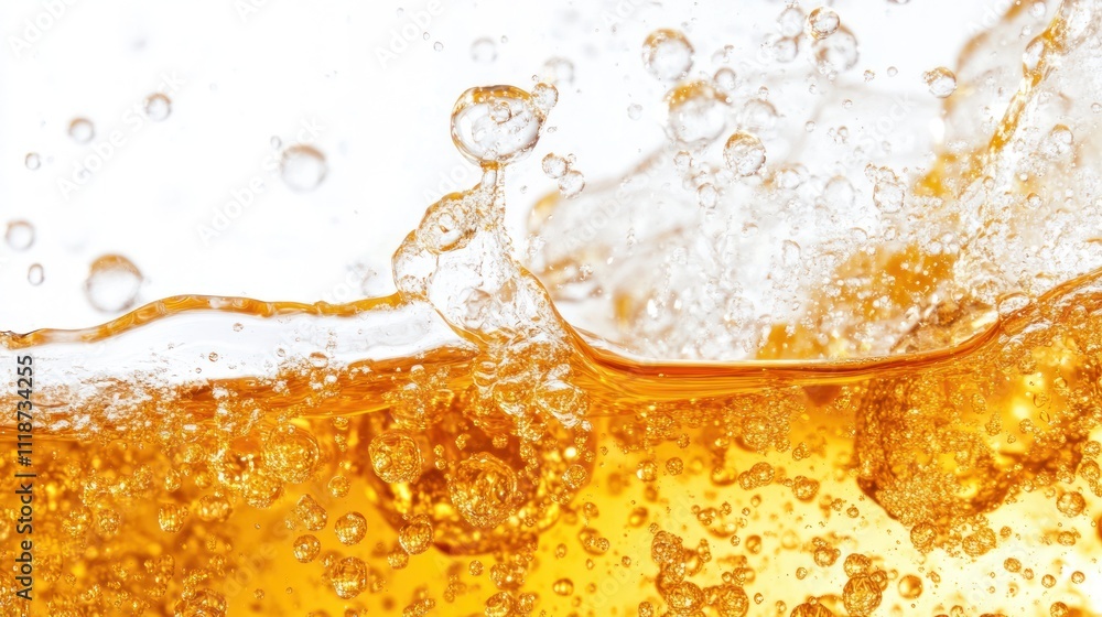 Close-up of bubbling golden liquid with splashes and bubbles. Close-up of bubbling golden liquid with splashes and bubbles.