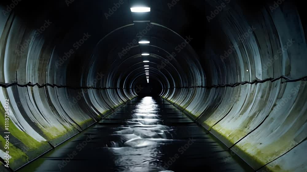 Dimly Lit Underground Tunnel with Water Flow and Industrial Circular Design
Dimly Lit Underground Tunnel with Water Flow and Industrial Circular Design