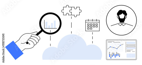 Hand with magnifying glass examining data chart, cloud, puzzle piece, calendar, and human icon. Ideal for business analysis, project management, data integration, cloud computing, planning