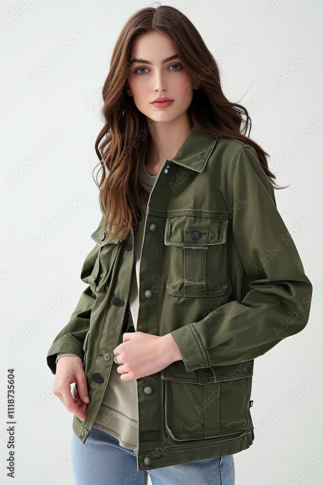 Fashionable Woman in a Green Jacket Posing on Gray Background Fashionable Woman in a Green Jacket Posing on Gray Background