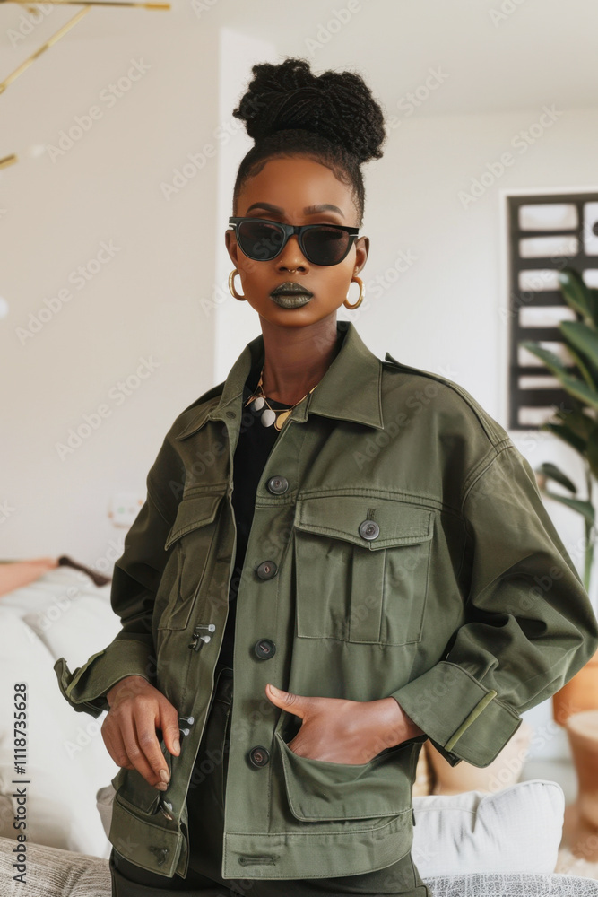 Stylish African Woman in Olive Green Jacket with Sunglasses Black Consciousness Day Stylish African Woman in Olive Green Jacket with Sunglasses Black Consciousness Day