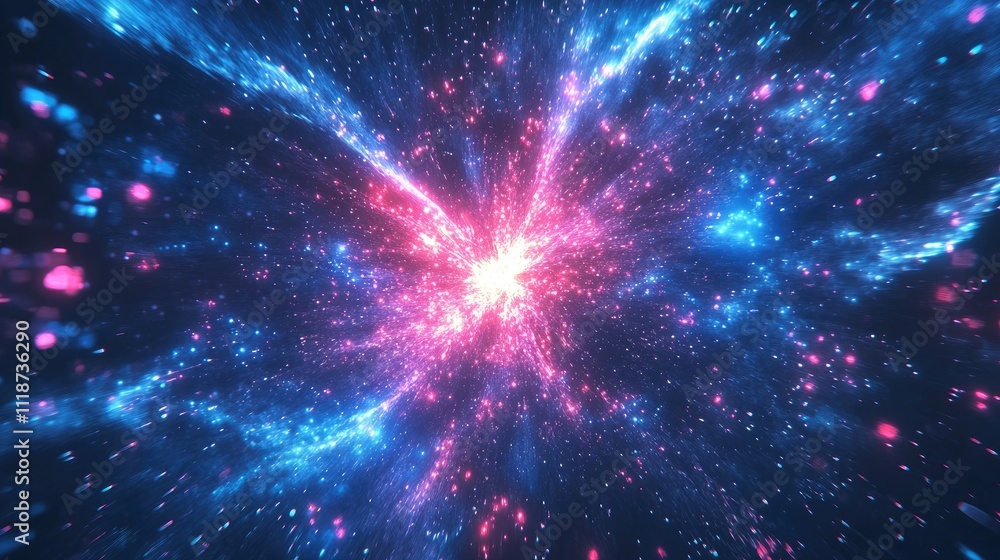 A vibrant cosmic explosion with swirling pink and blue hues in a mesmerizing galaxy scene. A vibrant cosmic explosion with swirling pink and blue hues in a mesmerizing galaxy scene.