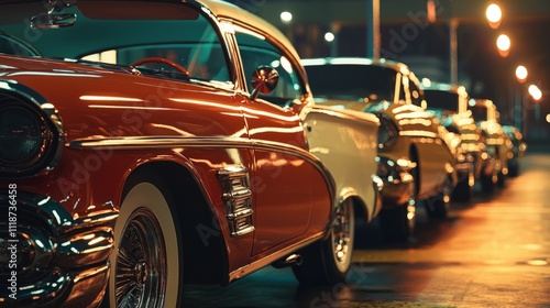 A row of classic cars parked neatly in a well-lit parking lot, emphasizing the details of the vehicles photo