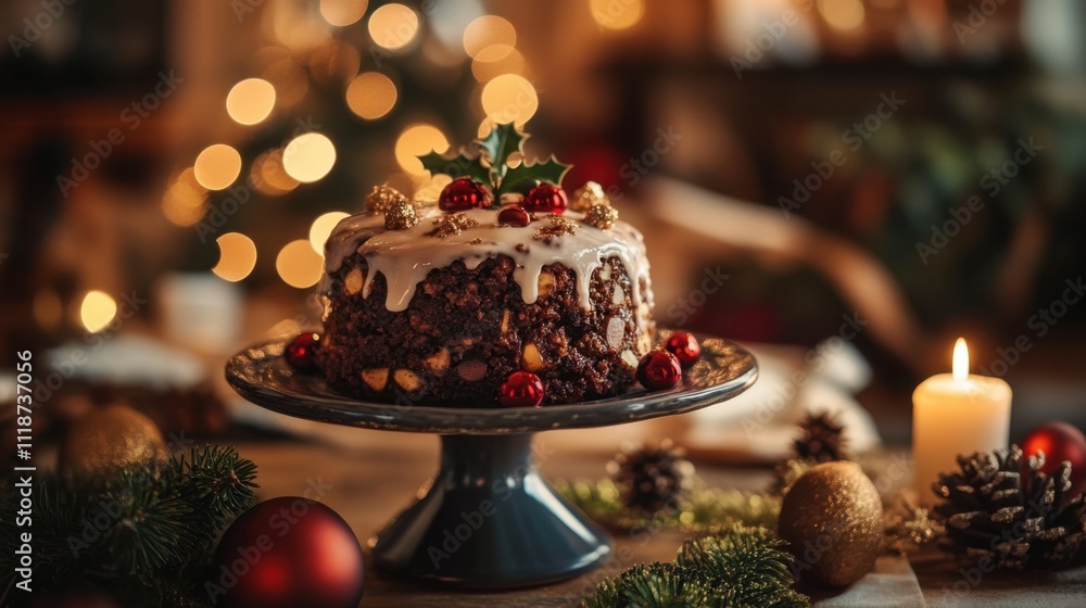 Festive Christmas Fruitcake on Decorated Table Festive Christmas Fruitcake on Decorated Table