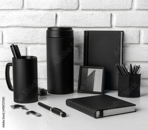 Promotional items like a thermos mug, a regular mug, assorted gifts, pens in packages, notebooks, tools, a cap, and a flag arranged on a table set against a grey wall with some open space.